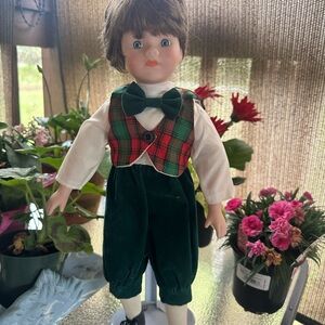 Vintage Style Boy Doll in Green Velvet Outfit with Red Tartan Vest